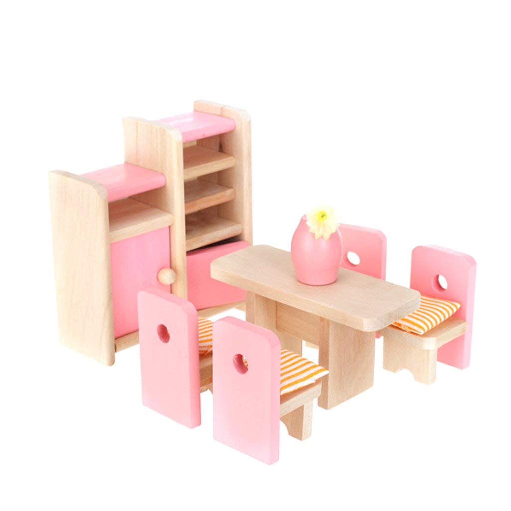 PANYTOW Dollhouse Dining Room Wooden Furniture Set Table+Chair+Display Unit+Vase